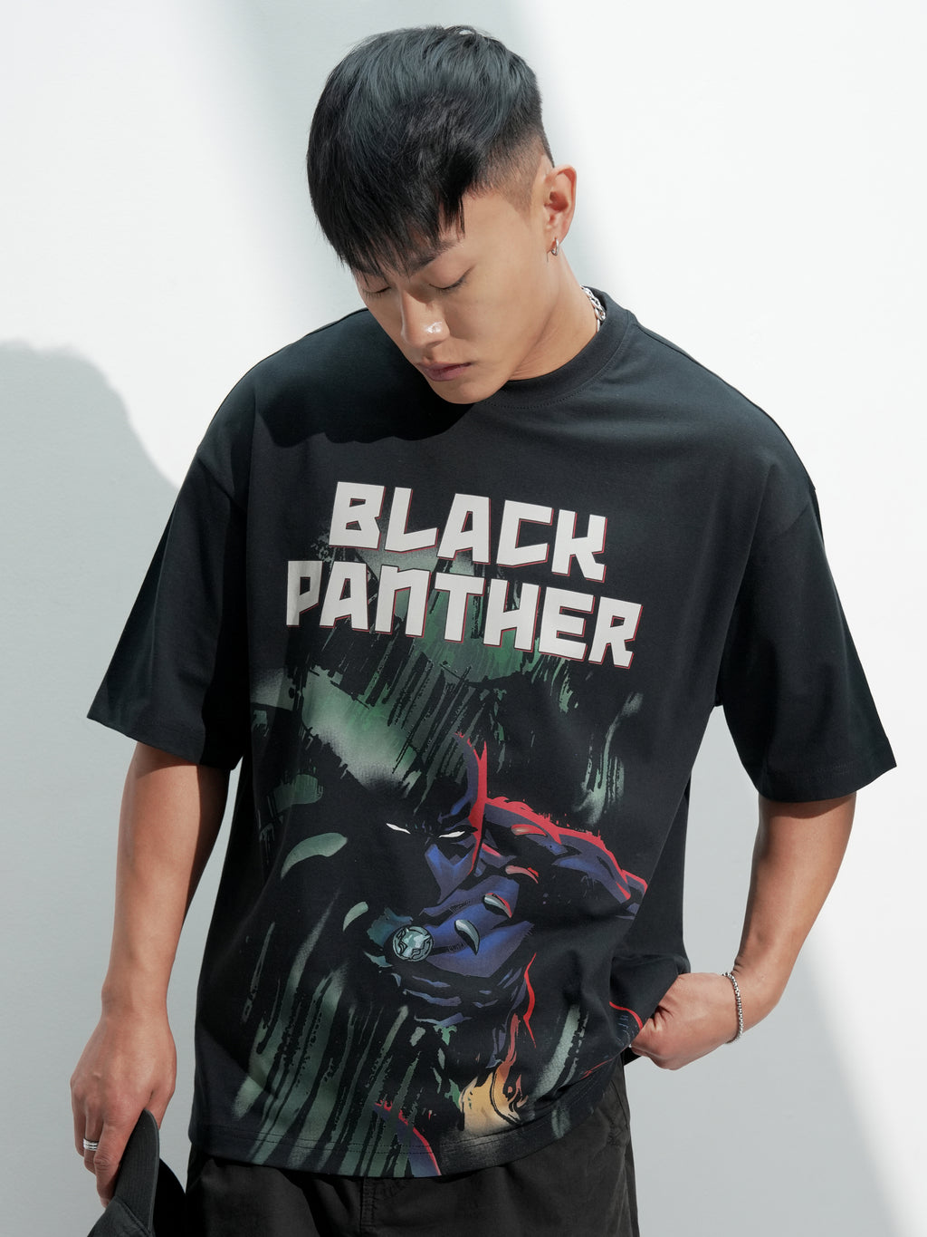 Marvel By Highlander Men Black Black Panther Printed Round Neck Oversized Fit T-Shirt - Black - Image 1