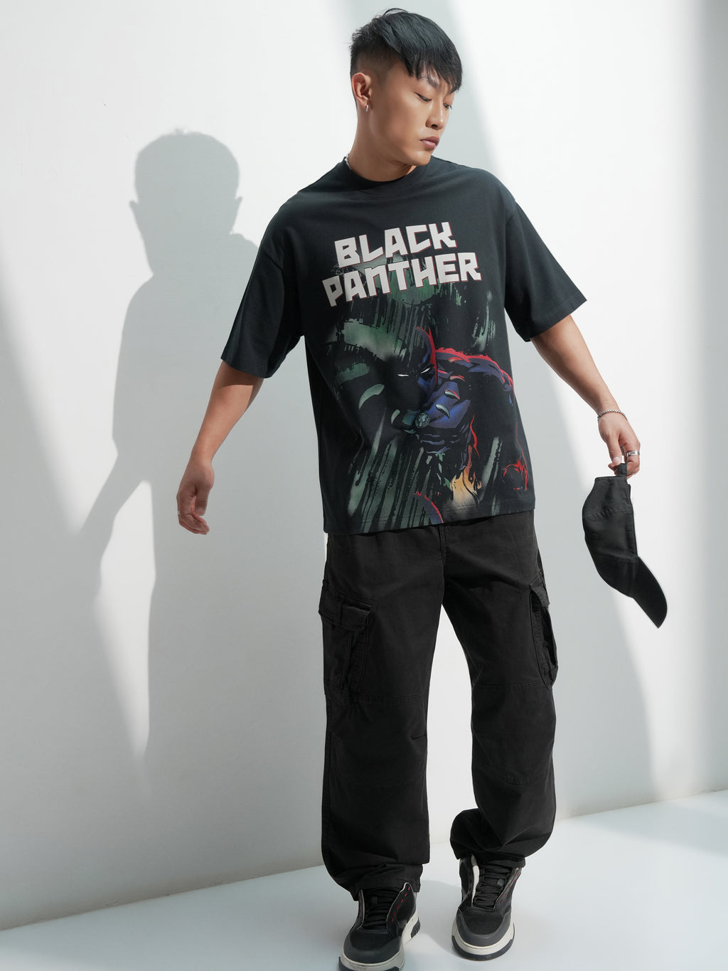 Marvel By Highlander Men Black Black Panther Printed Round Neck Oversized Fit T-Shirt - Black - Image 2