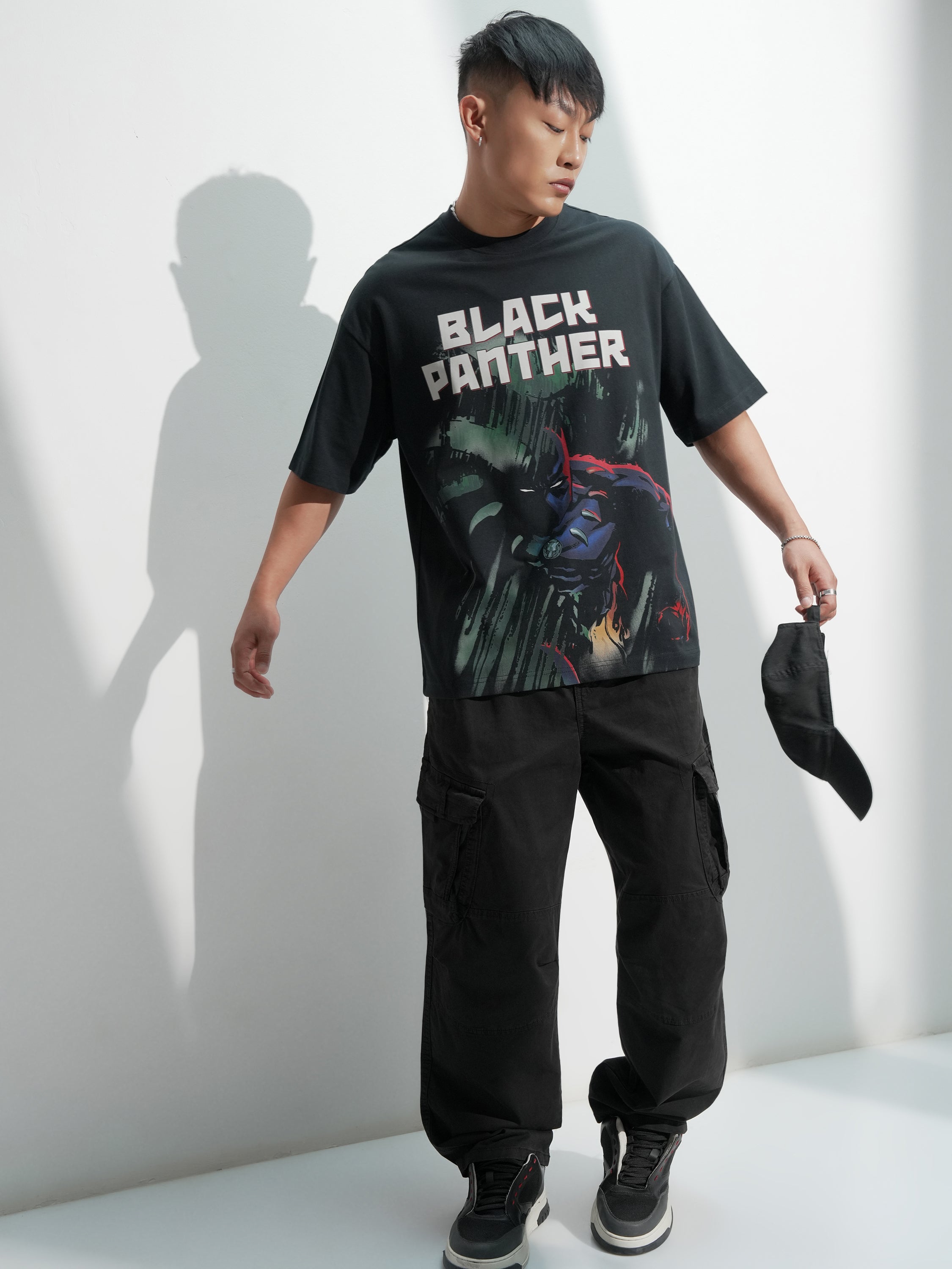 Marvel By Highlander Men Black Black Panther Printed Round Neck Oversized Fit T-Shirt - Black - Image 2