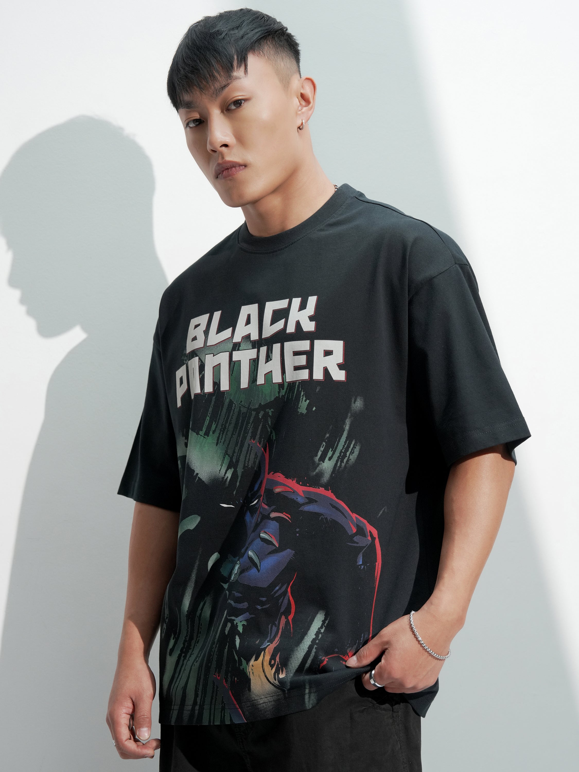 Marvel By Highlander Men Black Black Panther Printed Round Neck Oversized Fit T-Shirt - Black - Image 4
