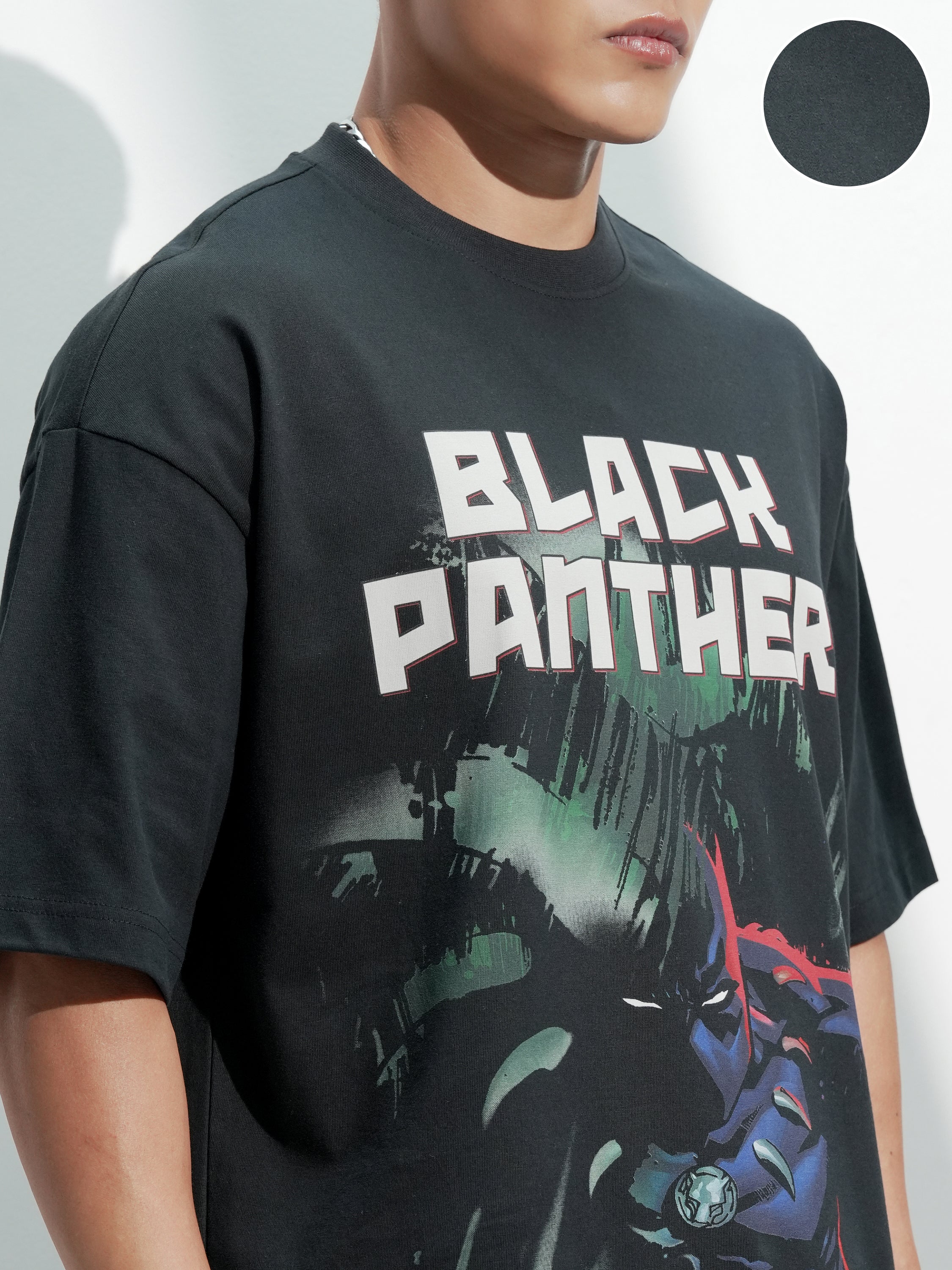 Marvel By Highlander Men Black Black Panther Printed Round Neck Oversized Fit T-Shirt - Black - Image 5