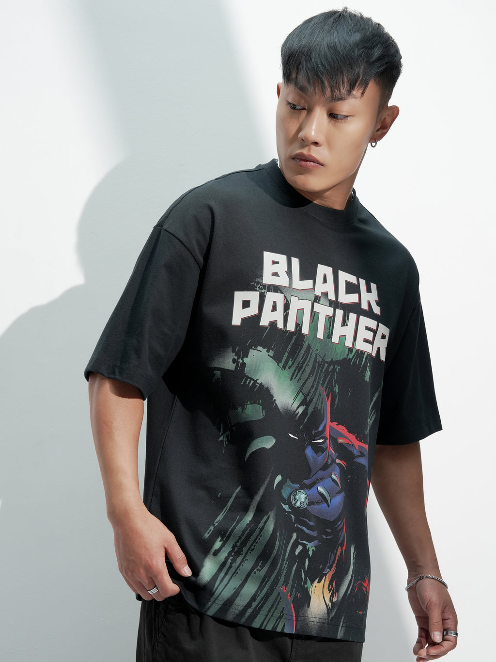 Marvel By Highlander Men Black Black Panther Printed Round Neck Oversized Fit T-Shirt - Black - Image 6
