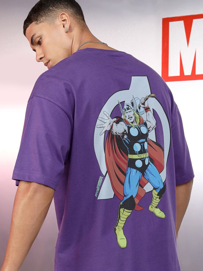Marvel By Highlander Men Purple Thor Printed Round Neck Oversized Fit T-Shirt - Purple - Image 1