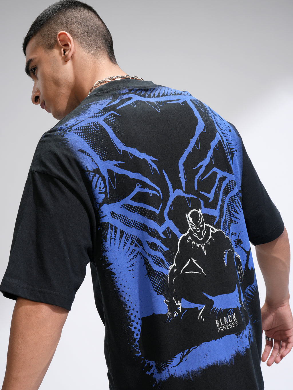Marvel By Highlander Men Black Black Panther Printed Round Neck Oversized Fit T-Shirt - Black - Image 1