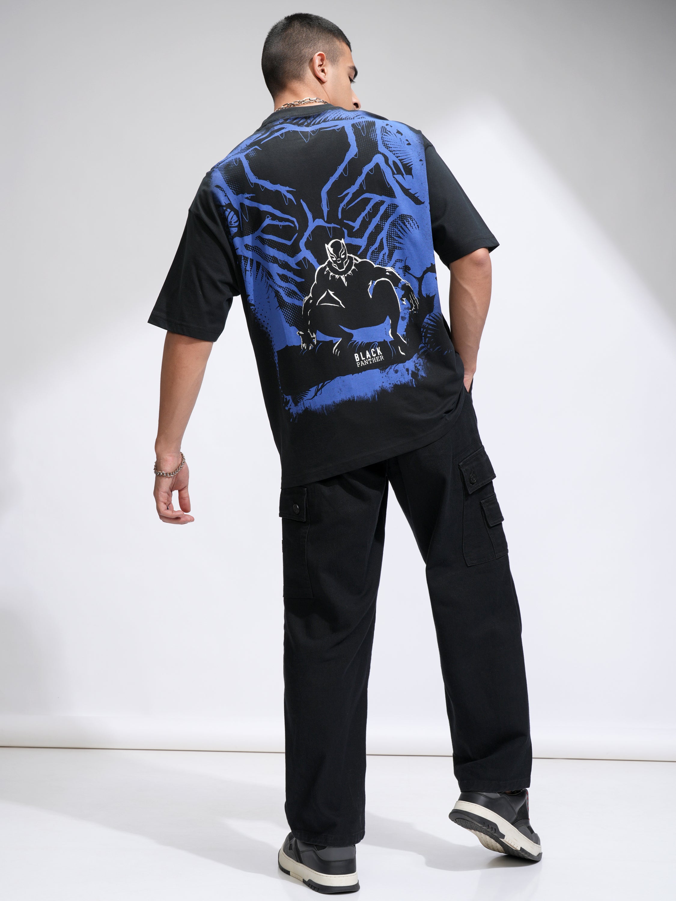 Marvel By Highlander Men Black Black Panther Printed Round Neck Oversized Fit T-Shirt - Black - Image 2