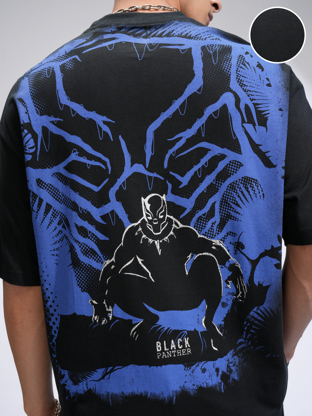 Marvel By Highlander Men Black Black Panther Printed Round Neck Oversized Fit T-Shirt - Black - Image 5