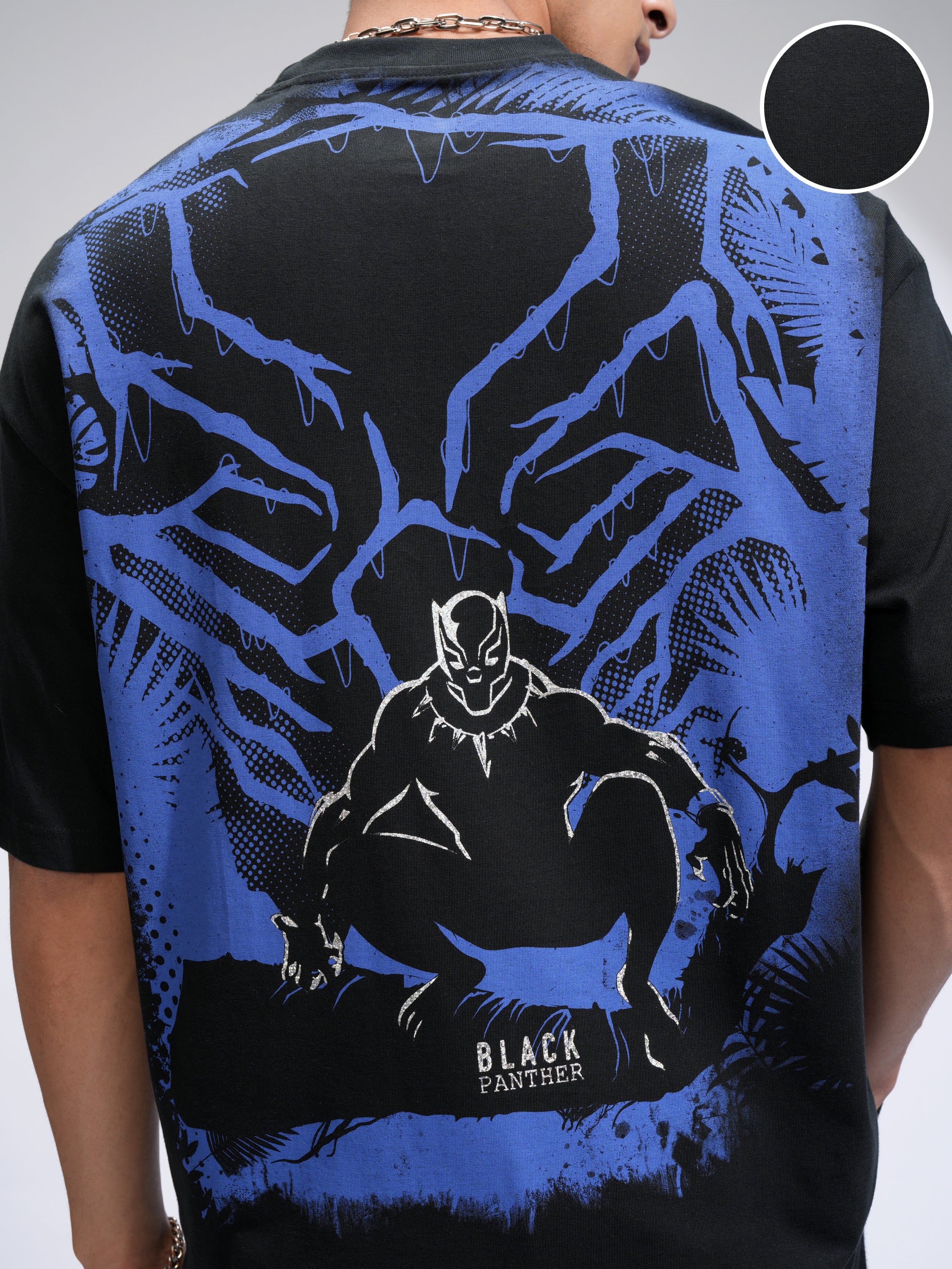 Marvel By Highlander Men Black Black Panther Printed Round Neck Oversized Fit T-Shirt - Black - Image 5