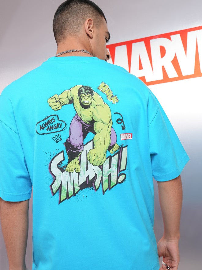 Marvel By Highlander Men Turquoise Hulk Printed Round Neck Oversized Fit T-Shirt - Turquoise - Image 1