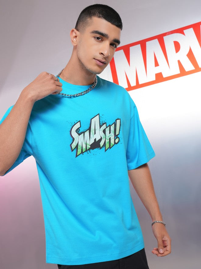 Marvel By Highlander Men Turquoise Hulk Printed Round Neck Oversized Fit T-Shirt - Turquoise - Image 3