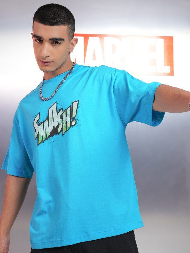 Marvel By Highlander Men Turquoise Hulk Printed Round Neck Oversized Fit T-Shirt - Turquoise - Image 4