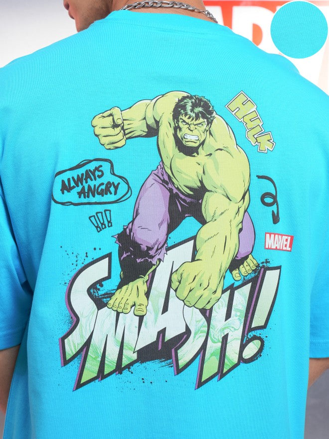 Marvel By Highlander Men Turquoise Hulk Printed Round Neck Oversized Fit T-Shirt - Turquoise - Image 5