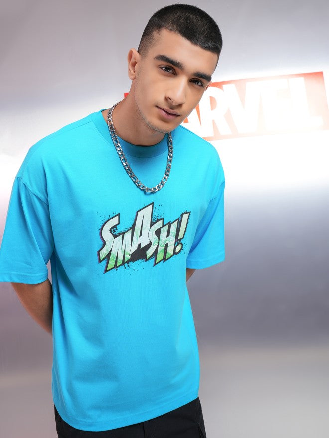 Marvel By Highlander Men Turquoise Hulk Printed Round Neck Oversized Fit T-Shirt - Turquoise - Image 6