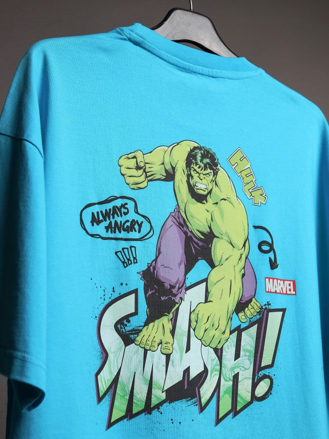 Marvel By Highlander Men Turquoise Hulk Printed Round Neck Oversized Fit T-Shirt - Turquoise - Image 7