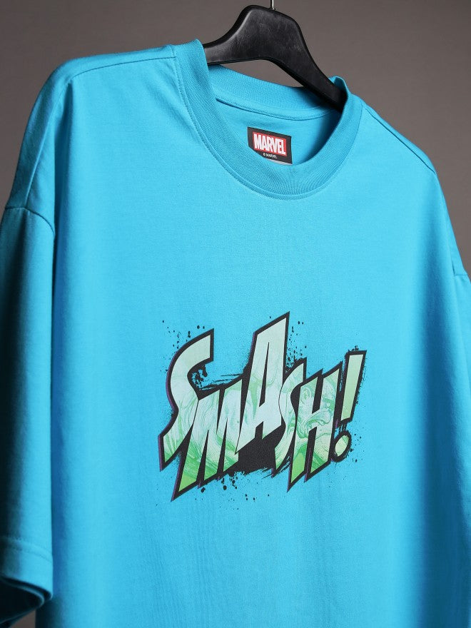 Marvel By Highlander Men Turquoise Hulk Printed Round Neck Oversized Fit T-Shirt - Turquoise - Image 8