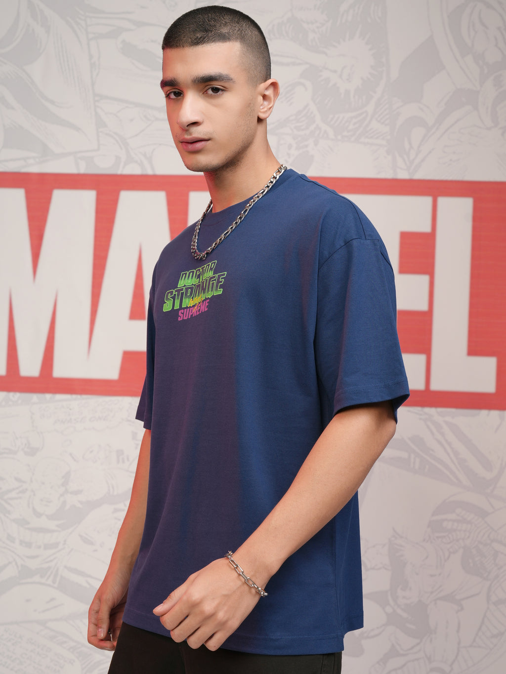 Marvel By Highlander Men Navy Blue Doctor Strange Printed Round Neck Oversized Fit T-Shirt - Navy Blue - Image 4