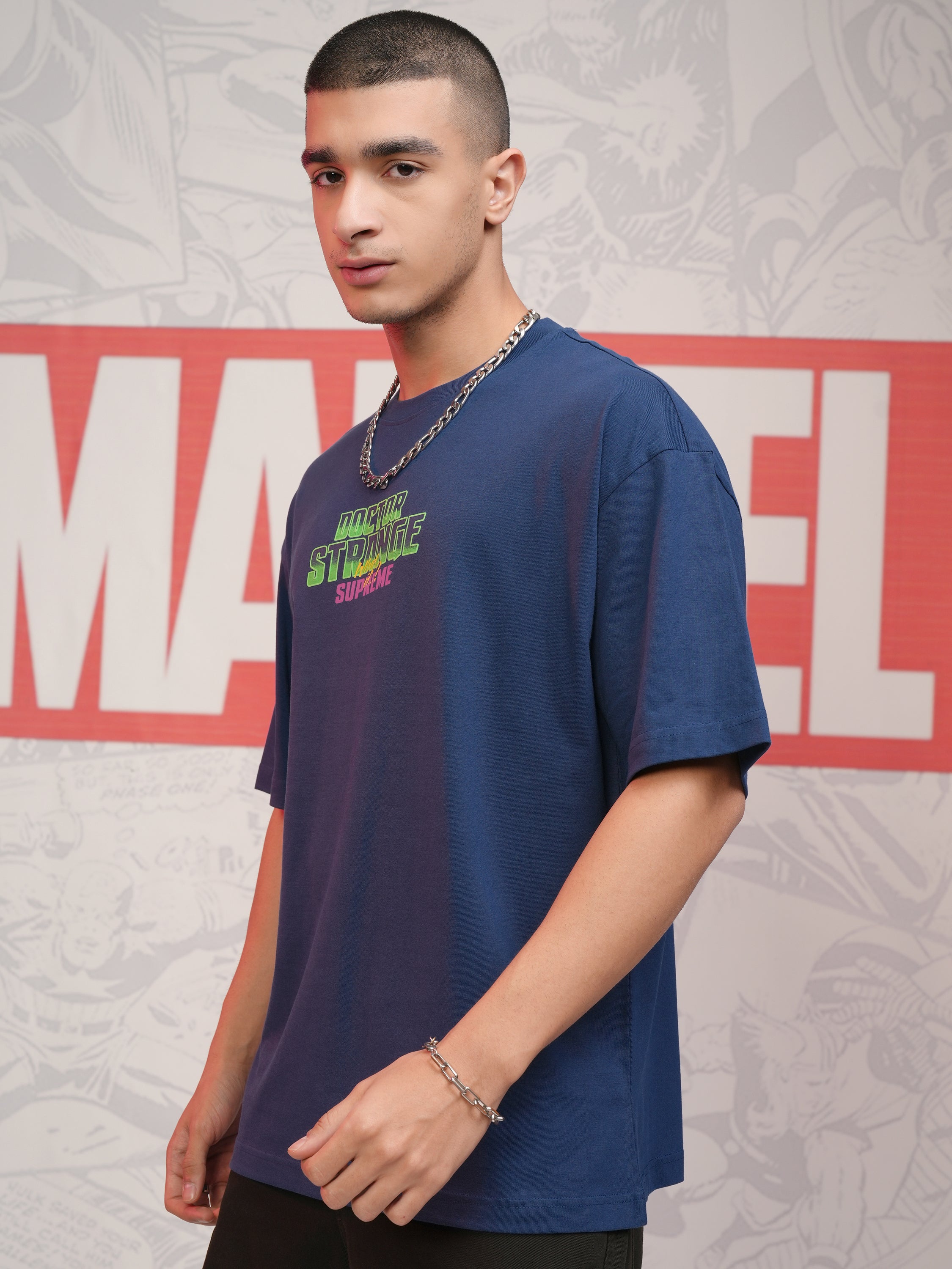 Marvel By Highlander Men Navy Blue Doctor Strange Printed Round Neck Oversized Fit T-Shirt - Navy Blue - Image 4