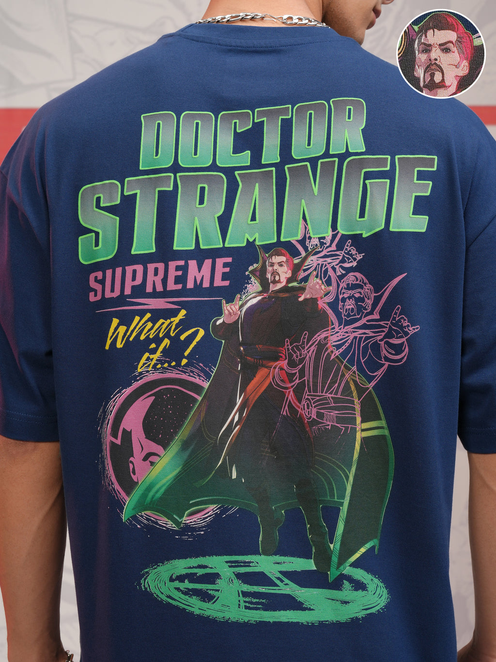 Marvel By Highlander Men Navy Blue Doctor Strange Printed Round Neck Oversized Fit T-Shirt - Navy Blue - Image 5