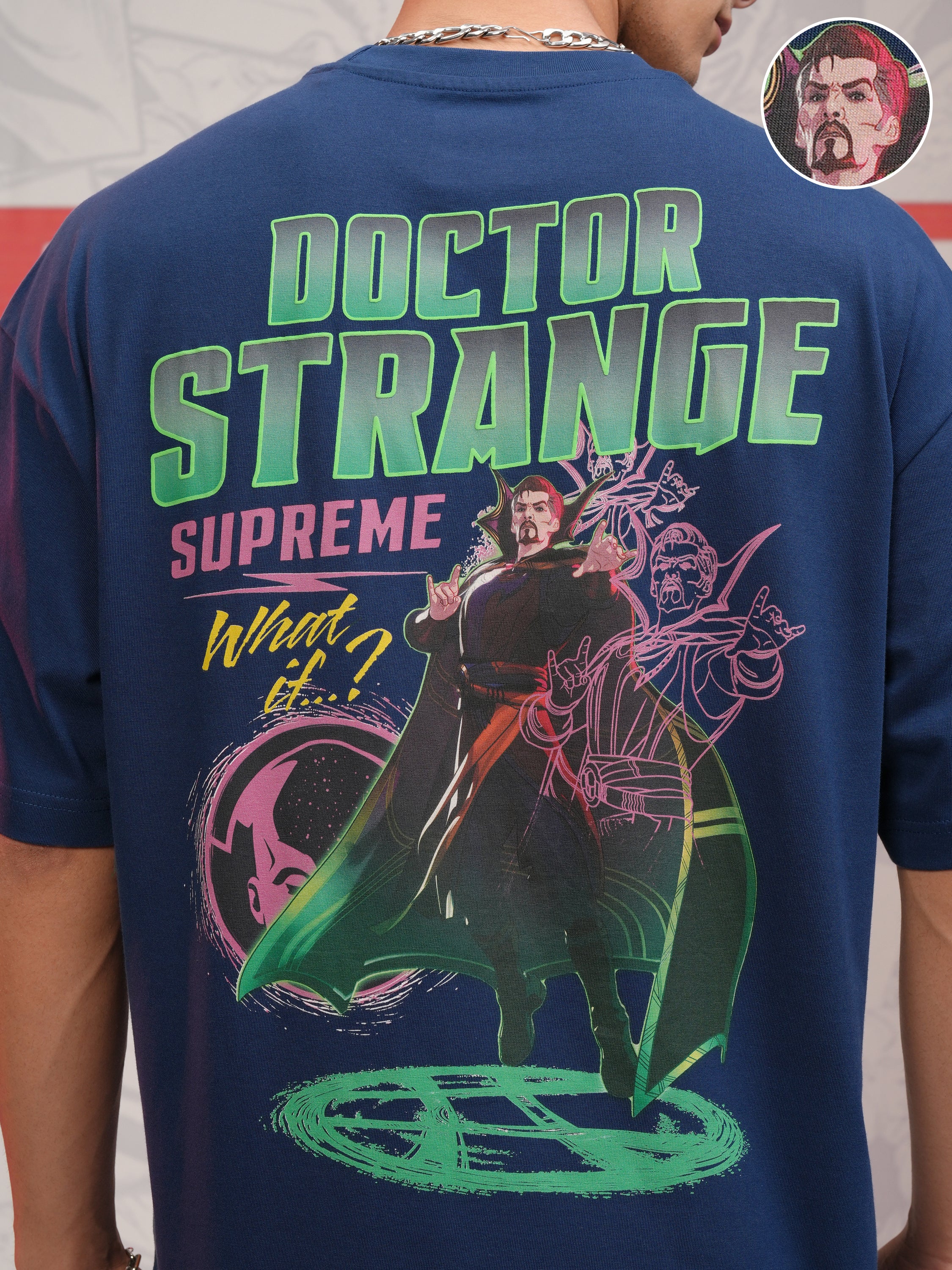 Marvel By Highlander Men Navy Blue Doctor Strange Printed Round Neck Oversized Fit T-Shirt - Navy Blue - Image 5