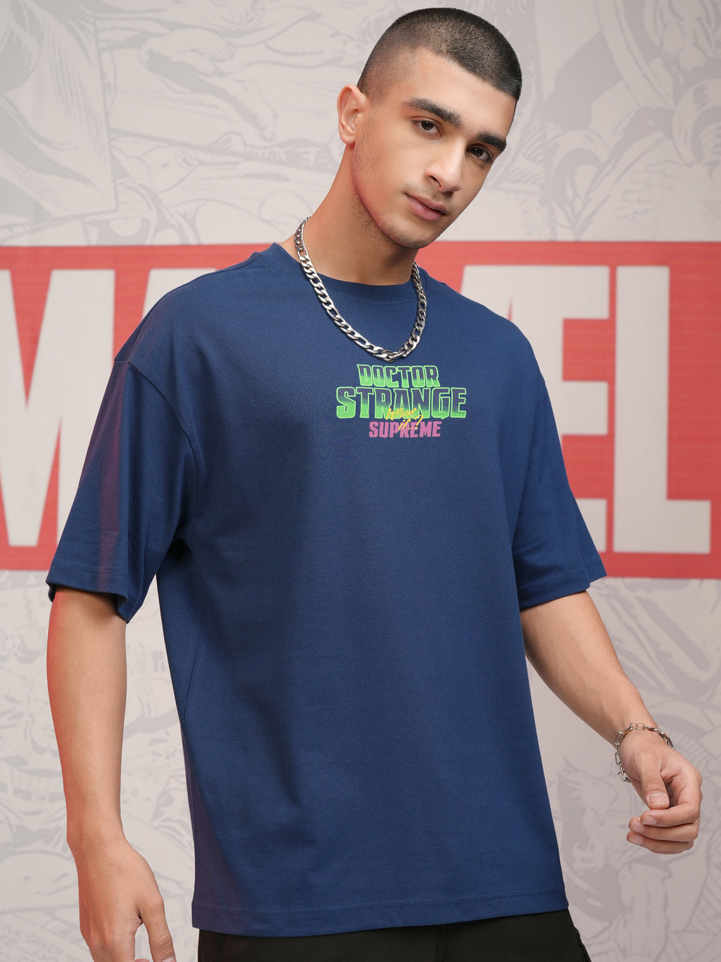 Marvel By Highlander Men Navy Blue Doctor Strange Printed Round Neck Oversized Fit T-Shirt - Navy Blue - Image 6