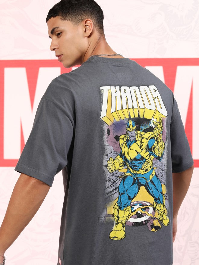 Marvel By Highlander Men Grey Thanos Printed Round Neck Oversized Fit T-Shirt - Grey - Image 1