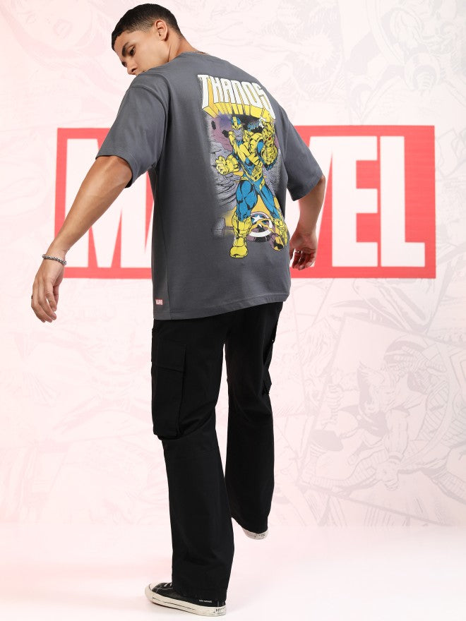 Marvel By Highlander Men Grey Thanos Printed Round Neck Oversized Fit T-Shirt - Grey - Image 2