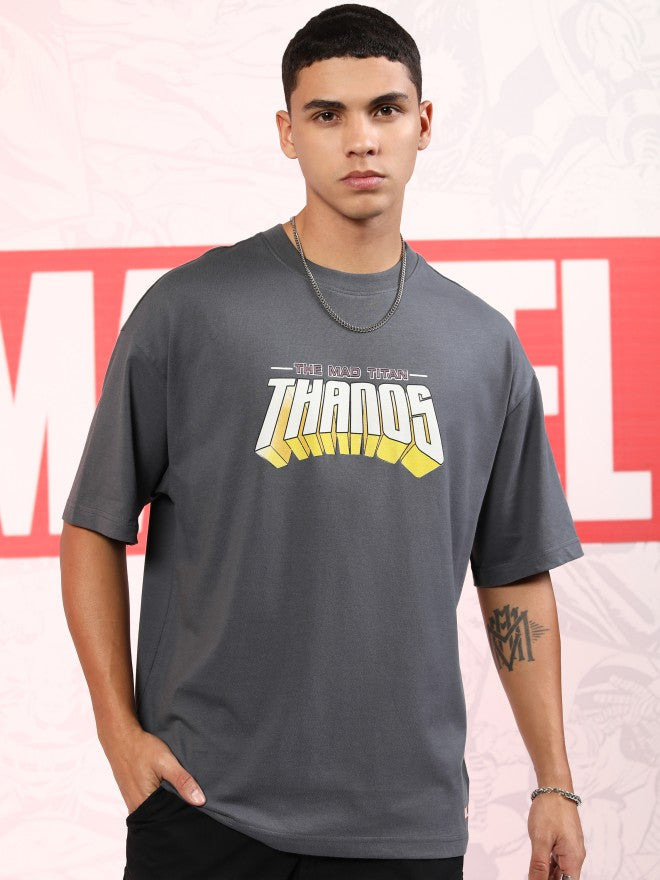 Marvel By Highlander Men Grey Thanos Printed Round Neck Oversized Fit T-Shirt - Grey - Image 3