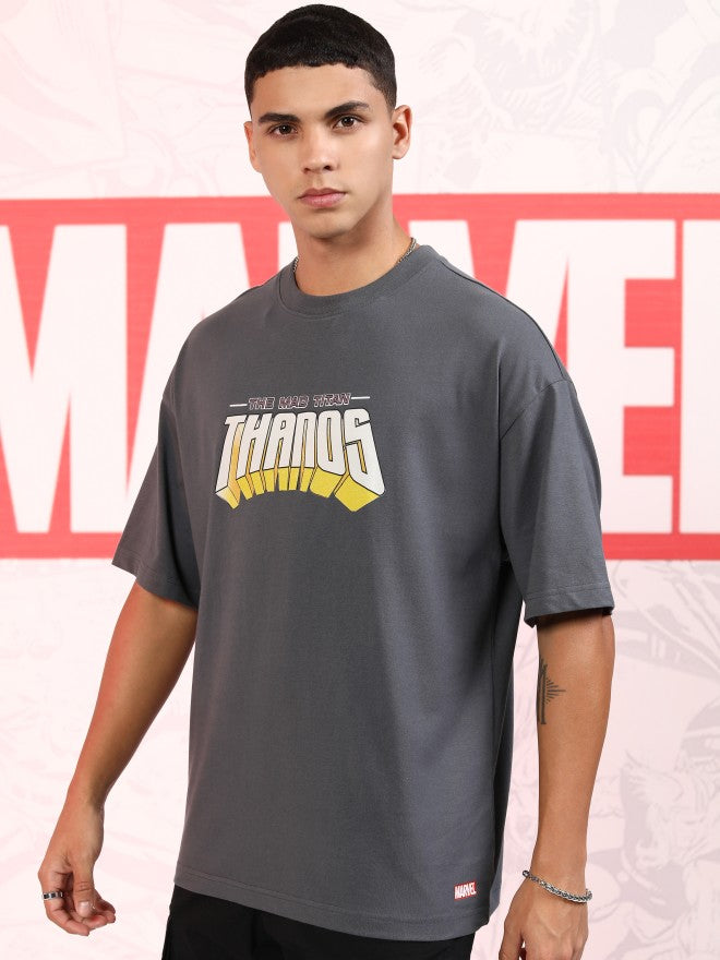 Marvel By Highlander Men Grey Thanos Printed Round Neck Oversized Fit T-Shirt - Grey - Image 4