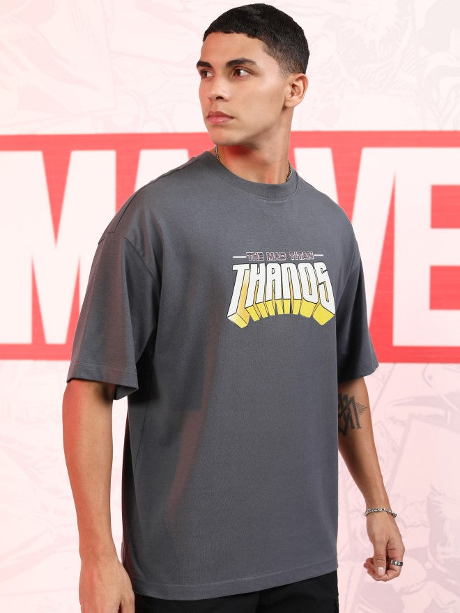 Marvel By Highlander Men Grey Thanos Printed Round Neck Oversized Fit T-Shirt - Grey - Image 6