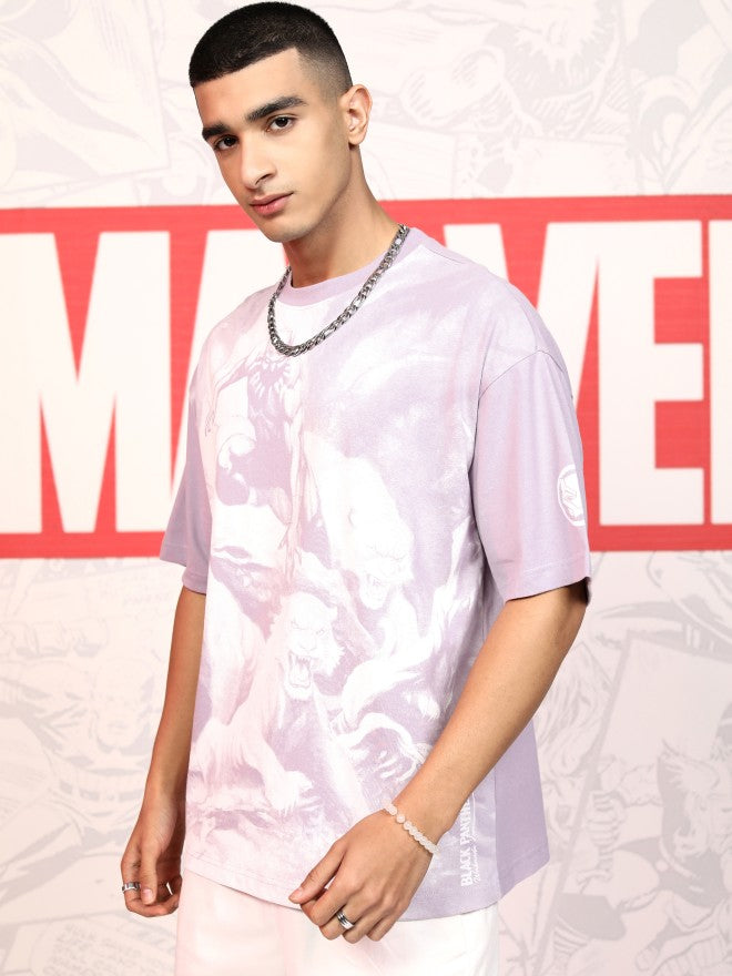 Marvel By Highlander Men Mauve Black Panther Printed Round Neck Oversized Fit T-Shirt - Mauve - Image 4