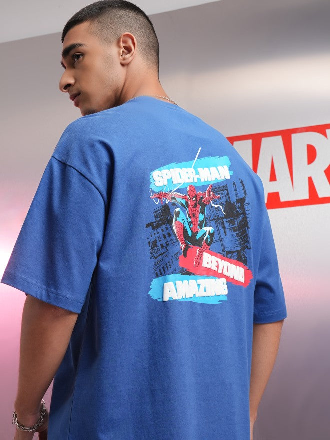 Marvel By Highlander Men Blue Spider-Man Printed Round Neck Oversized Fit T-Shirt - Blue - Image 1