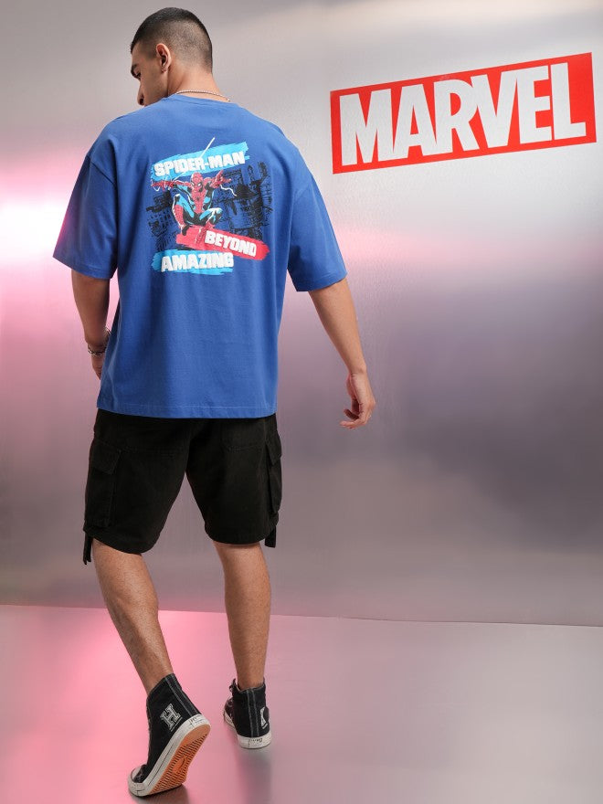Marvel By Highlander Men Blue Spider-Man Printed Round Neck Oversized Fit T-Shirt - Blue - Image 2