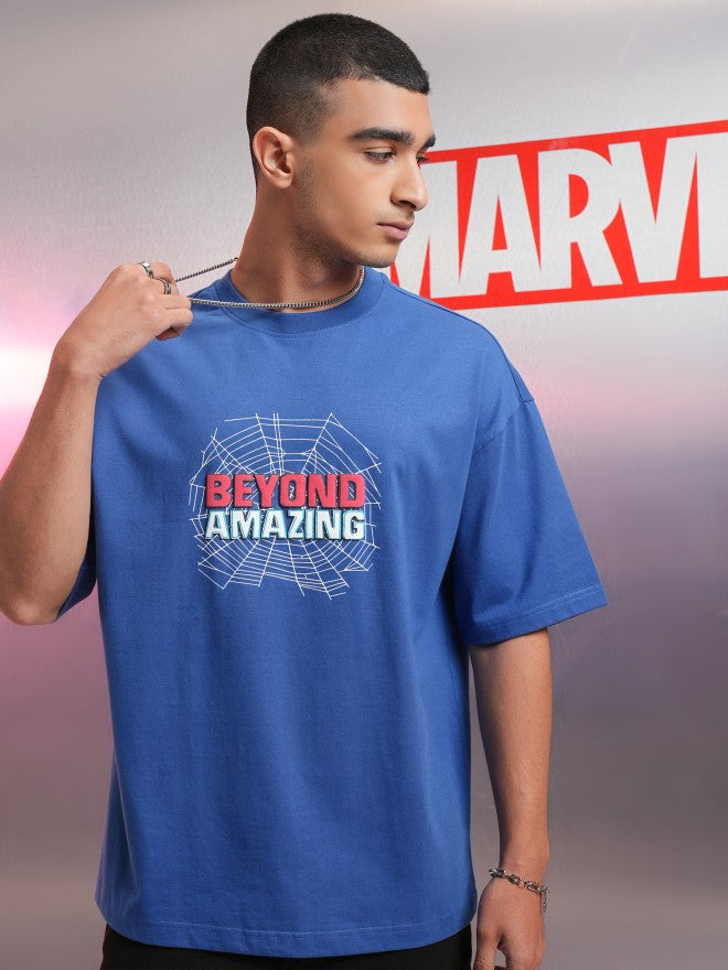 Marvel By Highlander Men Blue Spider-Man Printed Round Neck Oversized Fit T-Shirt - Blue - Image 3