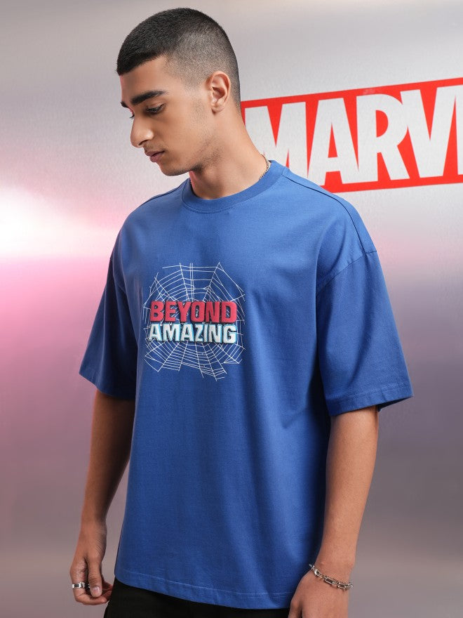 Marvel By Highlander Men Blue Spider-Man Printed Round Neck Oversized Fit T-Shirt - Blue - Image 4