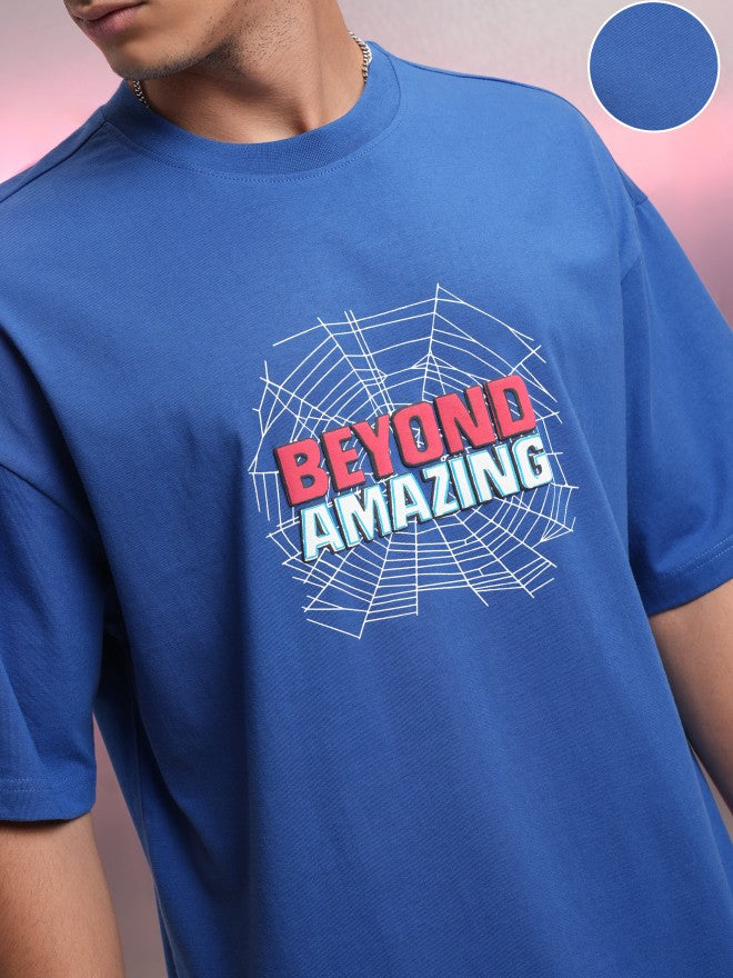 Marvel By Highlander Men Blue Spider-Man Printed Round Neck Oversized Fit T-Shirt - Blue - Image 5