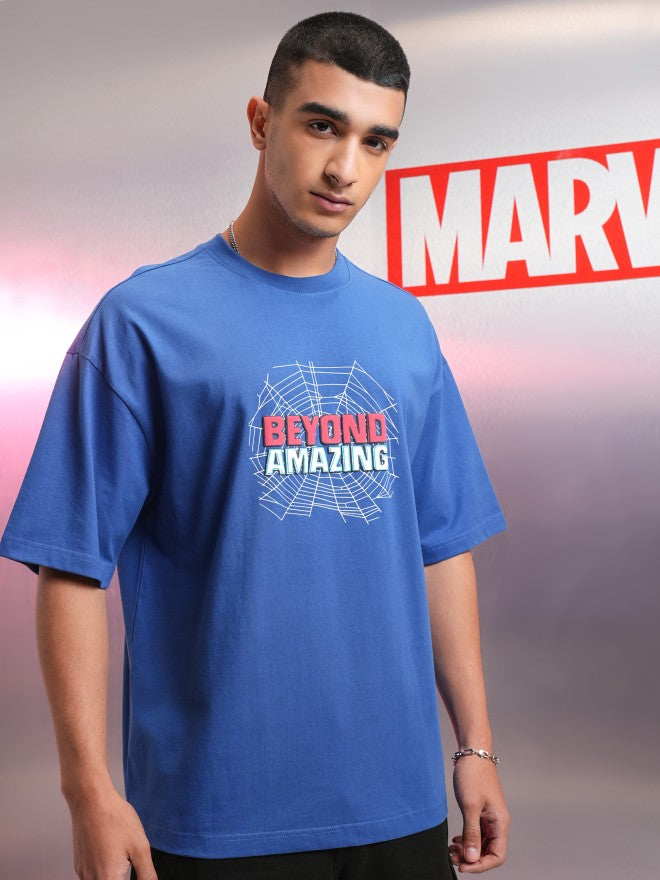 Marvel By Highlander Men Blue Spider-Man Printed Round Neck Oversized Fit T-Shirt - Blue - Image 6