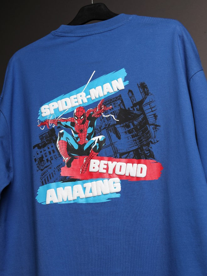 Marvel By Highlander Men Blue Spider-Man Printed Round Neck Oversized Fit T-Shirt - Blue - Image 7