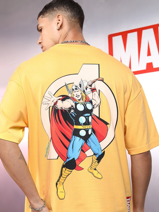 Marvel By Highlander Men Yellow Thor Printed Round Neck Oversized Fit T-Shirt - Yellow - Image 1