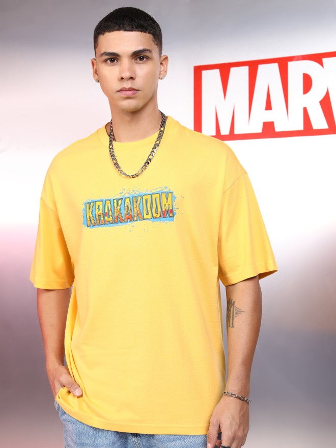 Marvel By Highlander Men Yellow Thor Printed Round Neck Oversized Fit T-Shirt - Yellow - Image 3
