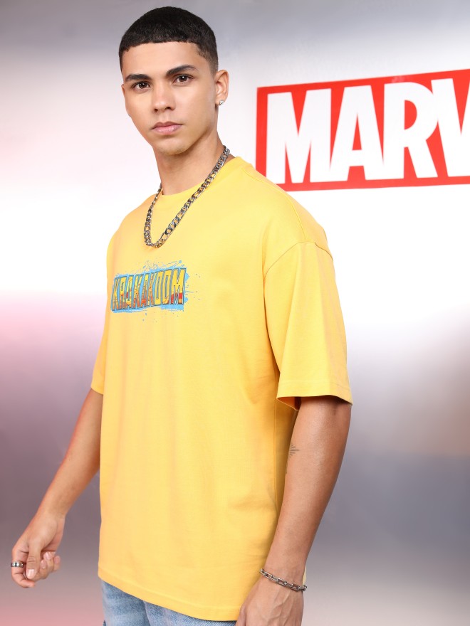 Marvel By Highlander Men Yellow Thor Printed Round Neck Oversized Fit T-Shirt - Yellow - Image 4