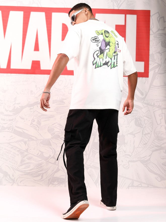 Marvel By Highlander Men Off White Hulk Printed Round Neck Oversized Fit T-Shirt - Off White - Image 2