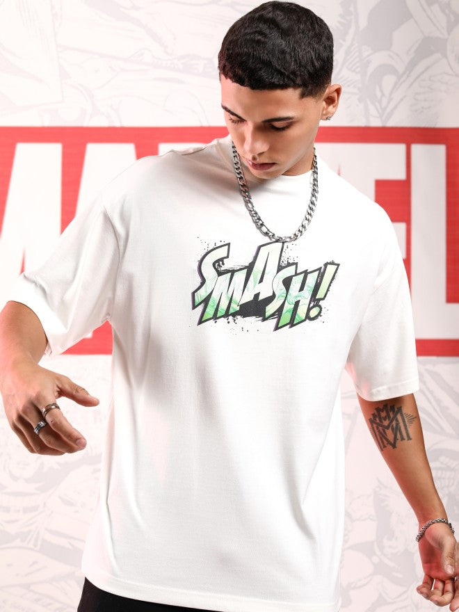Marvel By Highlander Men Off White Hulk Printed Round Neck Oversized Fit T-Shirt - Off White - Image 3