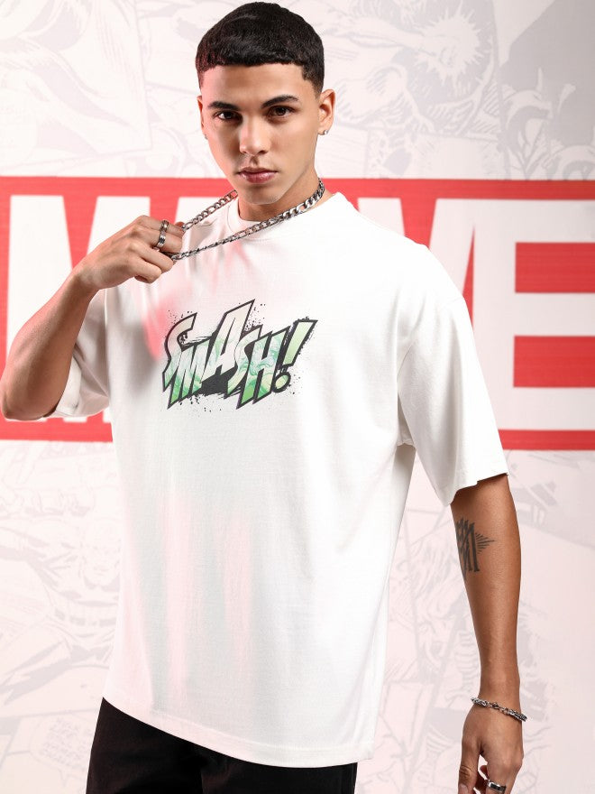 Marvel By Highlander Men Off White Hulk Printed Round Neck Oversized Fit T-Shirt - Off White - Image 4
