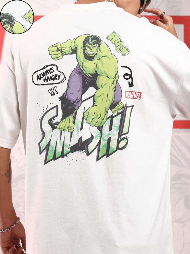 Marvel By Highlander Men Off White Hulk Printed Round Neck Oversized Fit T-Shirt - Off White - Image 5