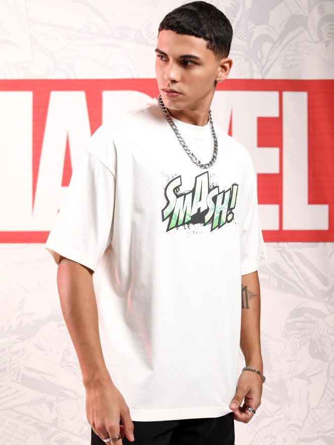 Marvel By Highlander Men Off White Hulk Printed Round Neck Oversized Fit T-Shirt - Off White - Image 6