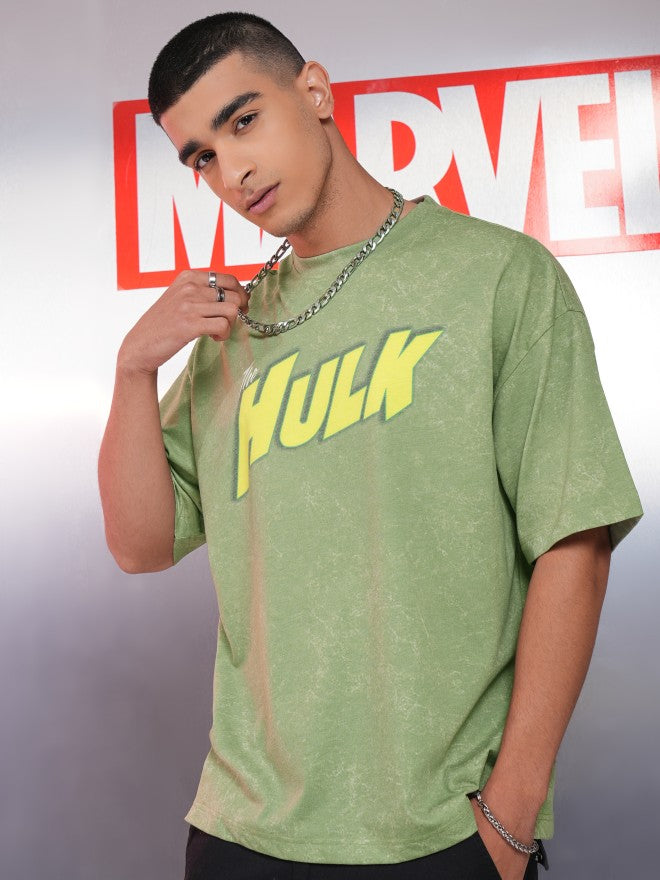 Marvel By Highlander Men Green Hulk Printed Round Neck Oversized Fit T-Shirt - Green - Image 4
