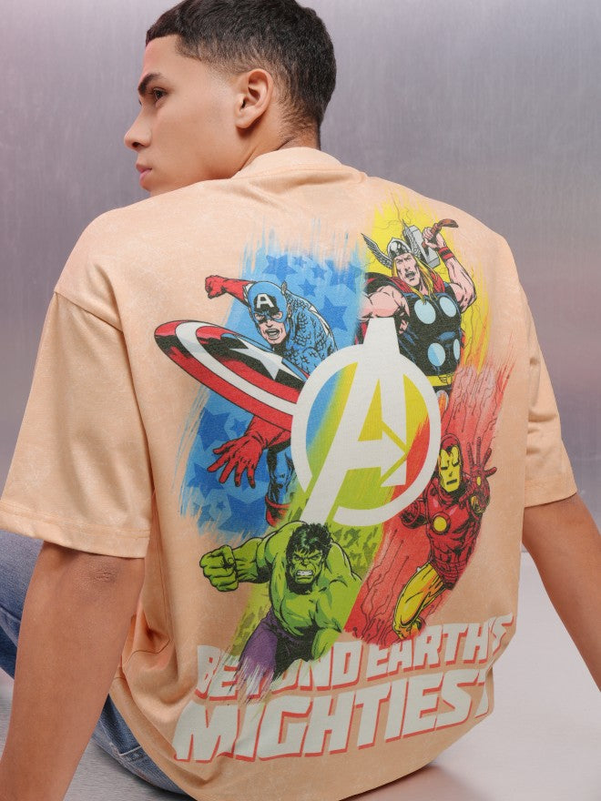 Marvel By Highlander Men Pink Avengers Printed Round Neck Oversized Fit T-Shirt - Pink - Image 1