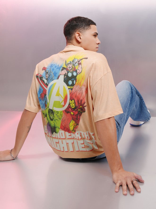 Marvel By Highlander Men Pink Avengers Printed Round Neck Oversized Fit T-Shirt - Pink - Image 2