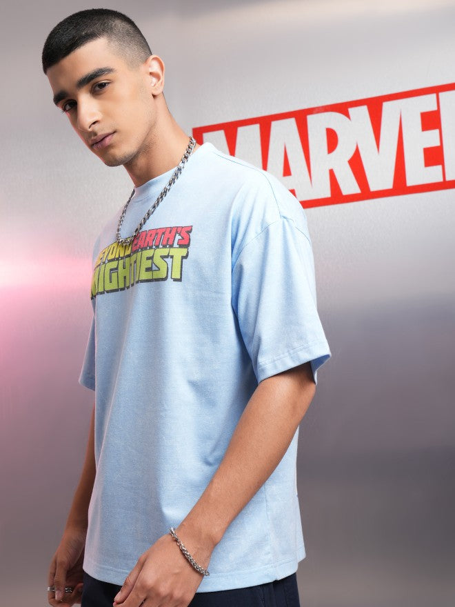 Marvel By Highlander Men Blue Avengers Printed Round Neck Oversized Fit T-Shirt - Blue - Image 4