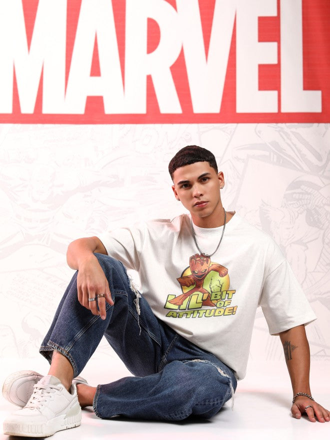 Marvel By Highlander Men White Groot Printed Round Neck Oversized Fit T-Shirt - White - Image 2