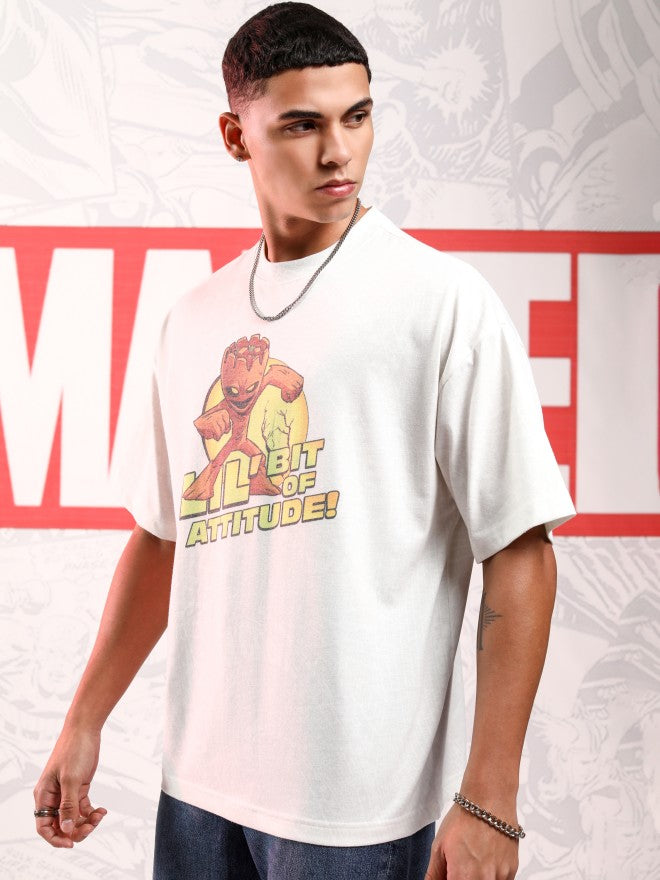 Marvel By Highlander Men White Groot Printed Round Neck Oversized Fit T-Shirt - White - Image 4